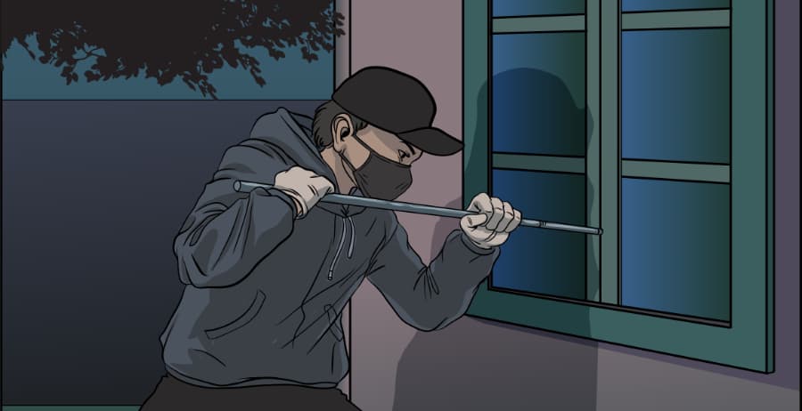 Illustration of burglar forcing entry through a window in St. Petersburg
